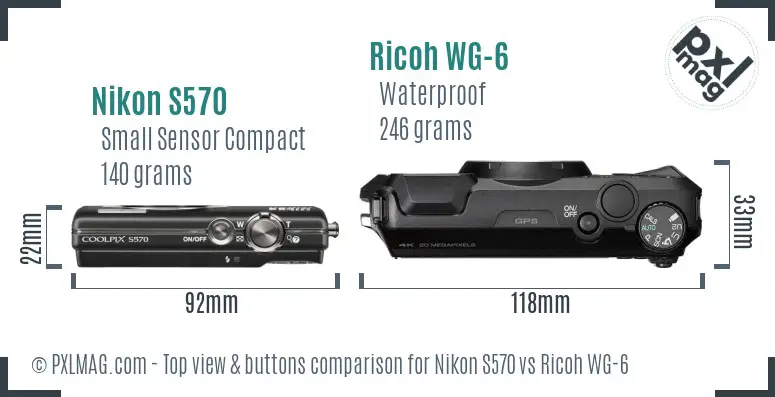 Nikon S570 vs Ricoh WG-6 top view buttons comparison