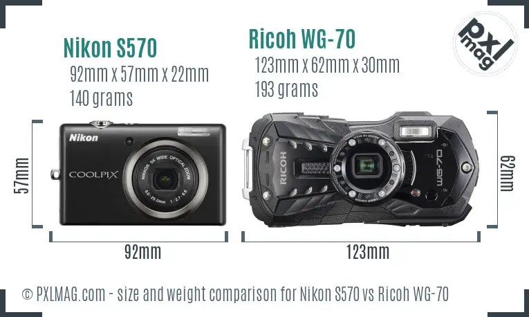 Nikon S570 vs Ricoh WG-70 size comparison