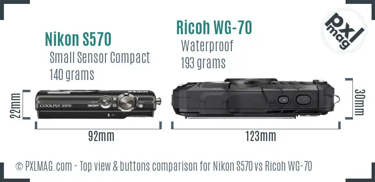Nikon S570 vs Ricoh WG-70 top view buttons comparison