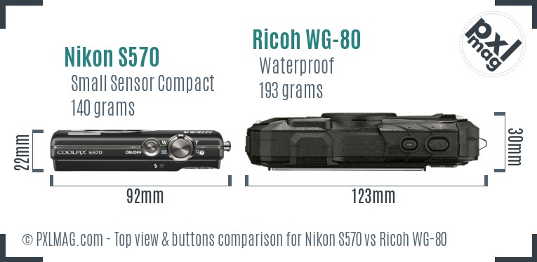Nikon S570 vs Ricoh WG-80 top view buttons comparison