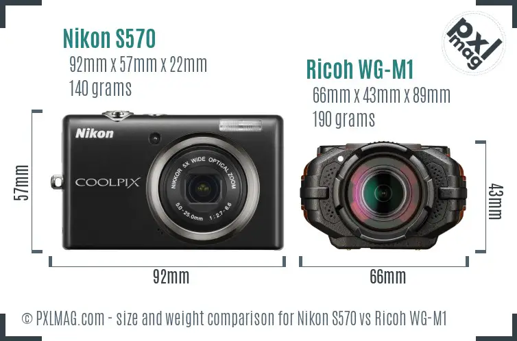 Nikon S570 vs Ricoh WG-M1 size comparison