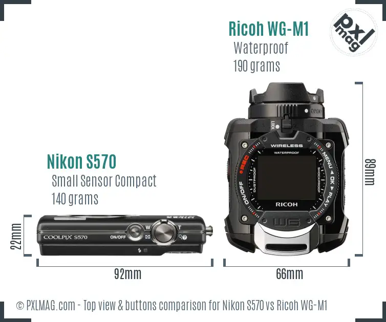 Nikon S570 vs Ricoh WG-M1 top view buttons comparison