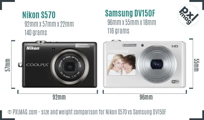 Nikon S570 vs Samsung DV150F size comparison