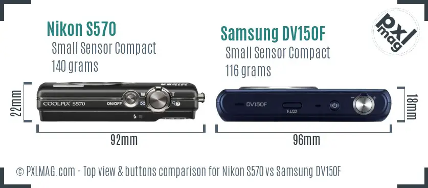 Nikon S570 vs Samsung DV150F top view buttons comparison