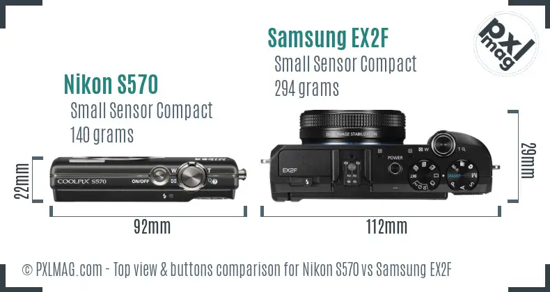 Nikon S570 vs Samsung EX2F top view buttons comparison