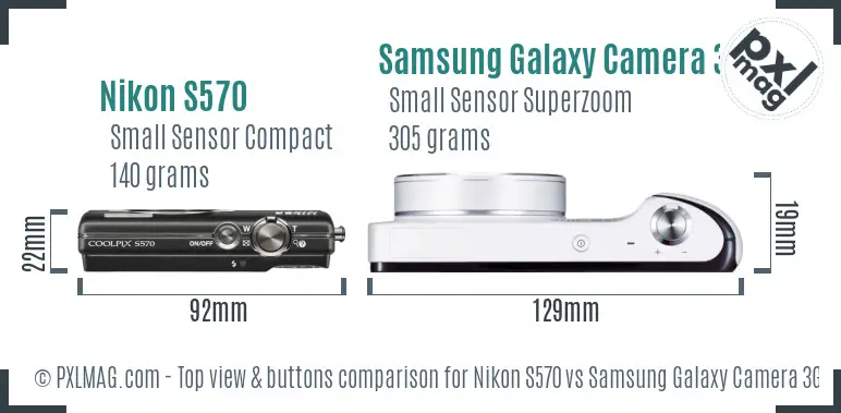 Nikon S570 vs Samsung Galaxy Camera 3G top view buttons comparison