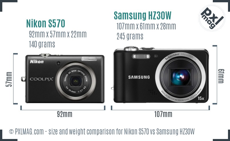 Nikon S570 vs Samsung HZ30W size comparison