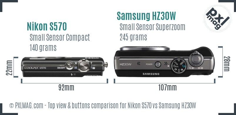 Nikon S570 vs Samsung HZ30W top view buttons comparison