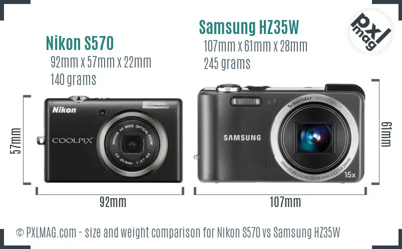 Nikon S570 vs Samsung HZ35W size comparison