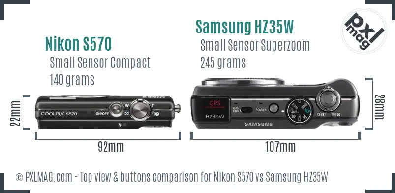 Nikon S570 vs Samsung HZ35W top view buttons comparison