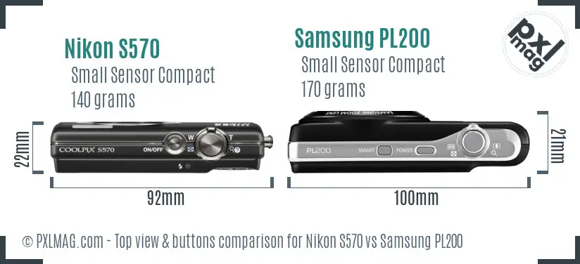 Nikon S570 vs Samsung PL200 top view buttons comparison