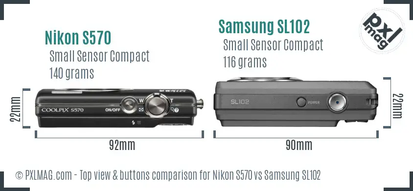 Nikon S570 vs Samsung SL102 top view buttons comparison