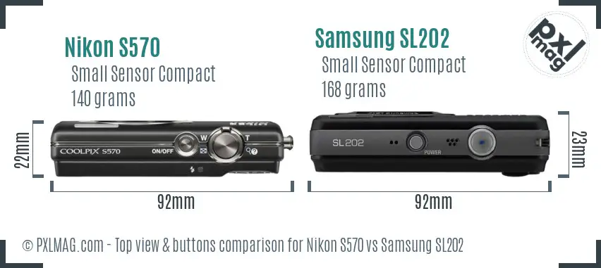 Nikon S570 vs Samsung SL202 top view buttons comparison Nikon S570 vs Samsung SL202 top view buttons comparison