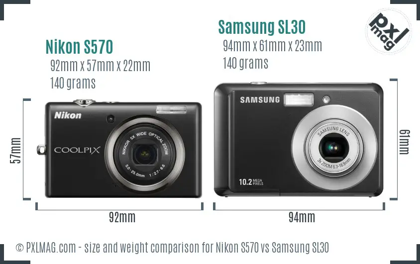 Nikon S570 vs Samsung SL30 size comparison Nikon S570 vs Samsung SL30 size comparison
