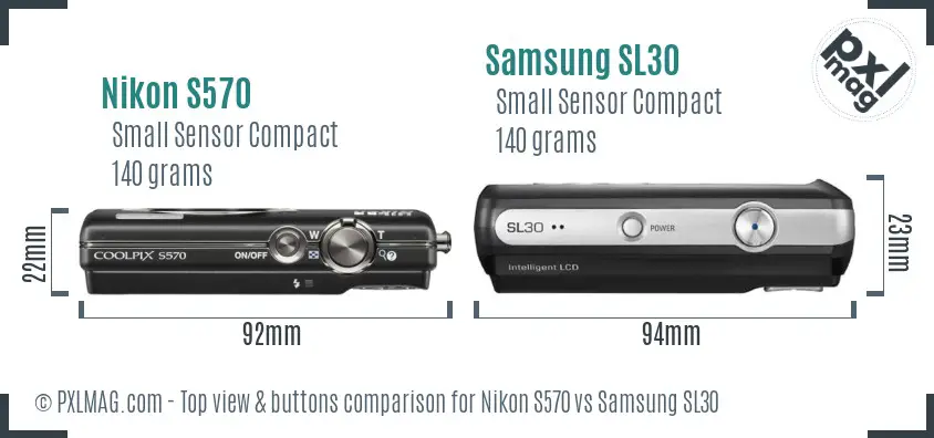 Nikon S570 vs Samsung SL30 top view buttons comparison Nikon S570 vs Samsung SL30 top view buttons comparison