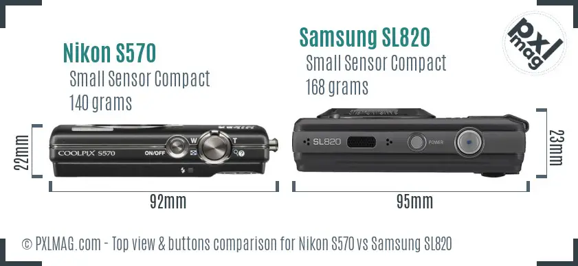 Nikon S570 vs Samsung SL820 top view buttons comparison