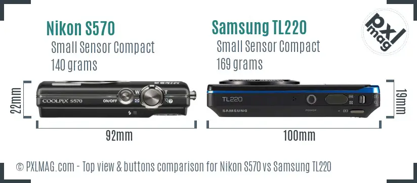 Nikon S570 vs Samsung TL220 top view buttons comparison