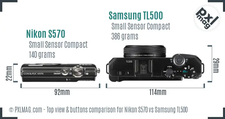 Nikon S570 vs Samsung TL500 top view buttons comparison