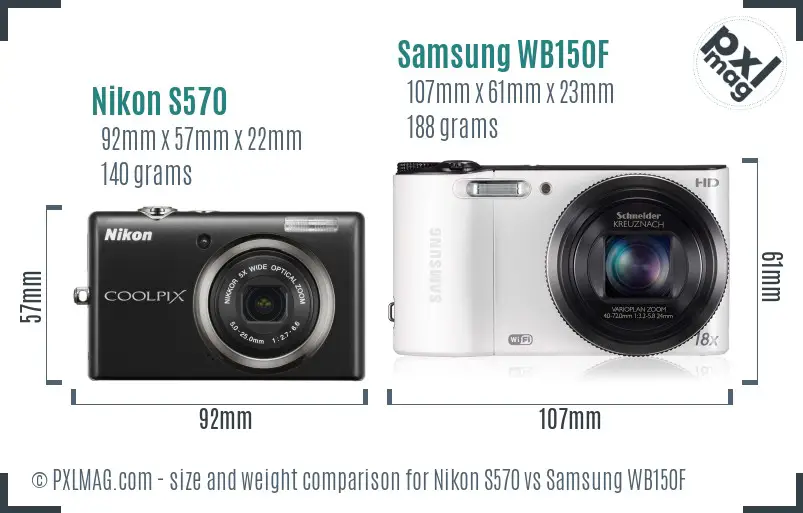 Nikon S570 vs Samsung WB150F size comparison