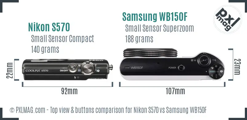 Nikon S570 vs Samsung WB150F top view buttons comparison