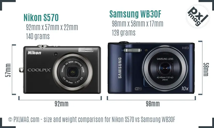 Nikon S570 vs Samsung WB30F size comparison