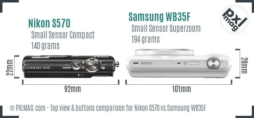 Nikon S570 vs Samsung WB35F top view buttons comparison Nikon S570 vs Samsung WB35F top view buttons comparison