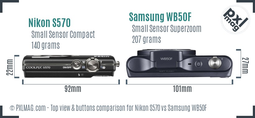 Nikon S570 vs Samsung WB50F top view buttons comparison