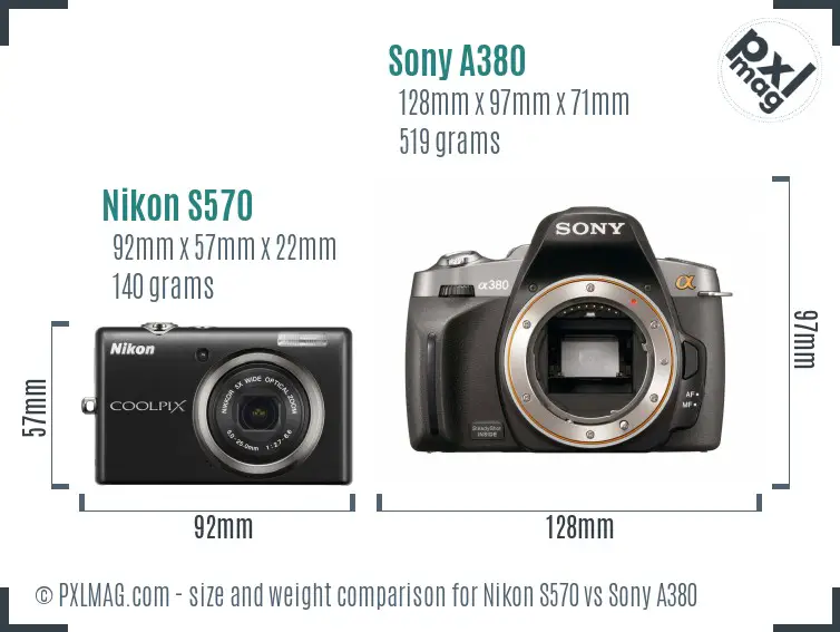 Nikon S570 vs Sony A380 size comparison