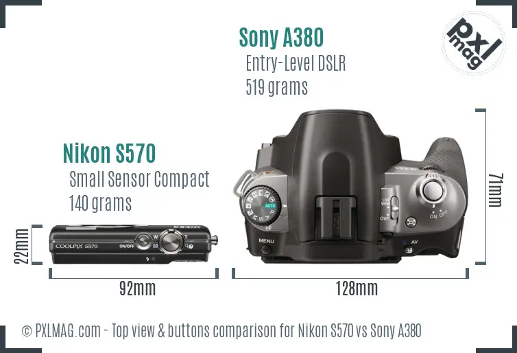 Nikon S570 vs Sony A380 top view buttons comparison