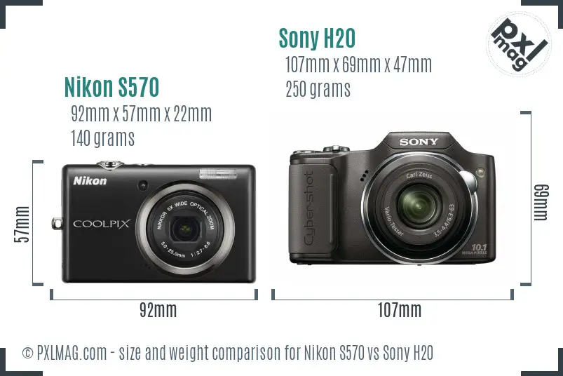 Nikon S570 vs Sony H20 size comparison