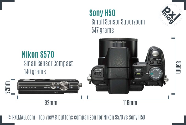 Nikon S570 vs Sony H50 top view buttons comparison