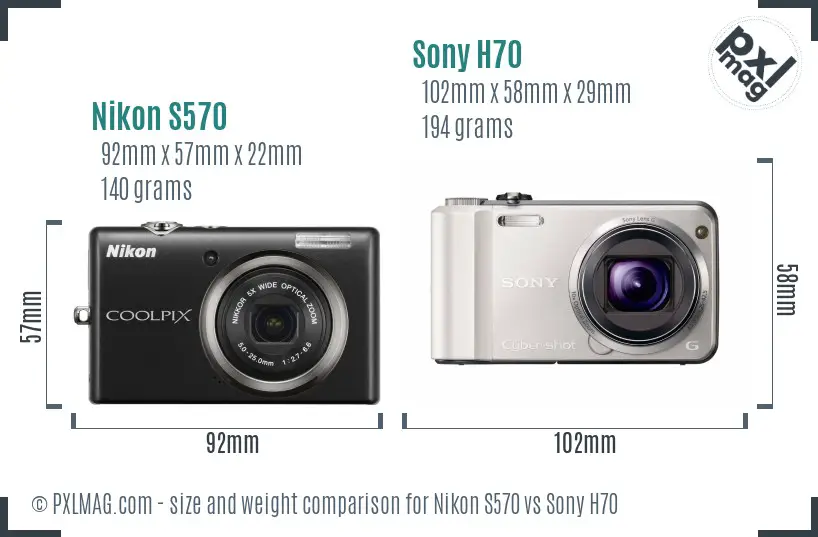 Nikon S570 vs Sony H70 size comparison