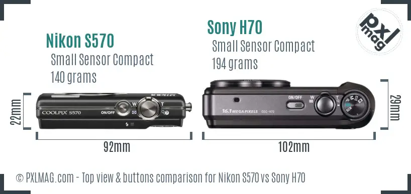 Nikon S570 vs Sony H70 top view buttons comparison