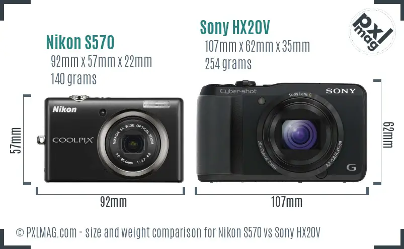 Nikon S570 vs Sony HX20V size comparison