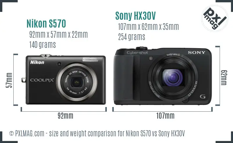 Nikon S570 vs Sony HX30V size comparison