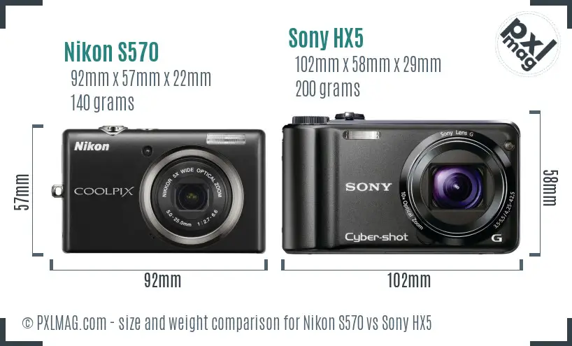 Nikon S570 vs Sony HX5 size comparison