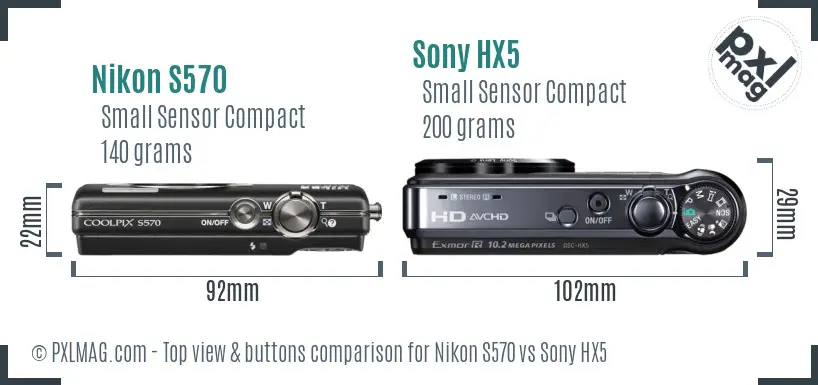 Nikon S570 vs Sony HX5 top view buttons comparison