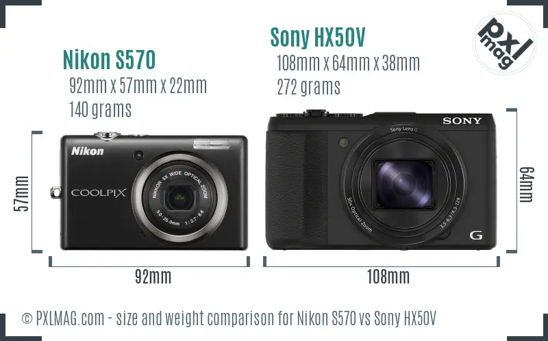 Nikon S570 vs Sony HX50V size comparison