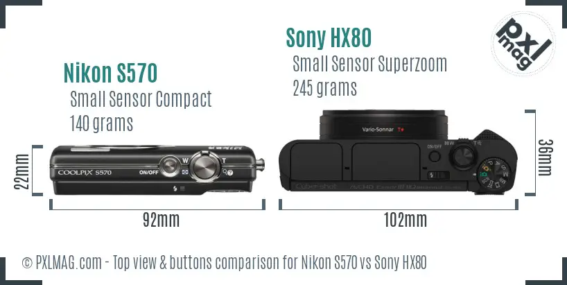 Nikon S570 vs Sony HX80 top view buttons comparison