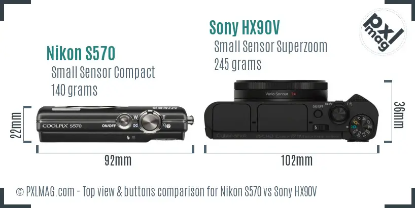 Nikon S570 vs Sony HX90V top view buttons comparison Nikon S570 vs Sony HX90V top view buttons comparison
