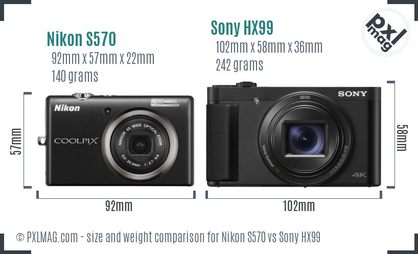 Nikon S570 vs Sony HX99 size comparison
