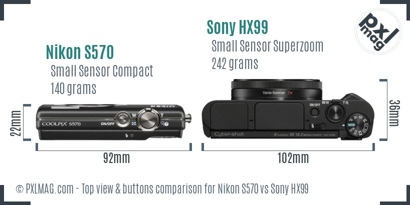 Nikon S570 vs Sony HX99 top view buttons comparison