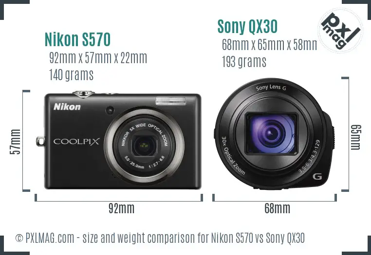 Nikon S570 vs Sony QX30 size comparison