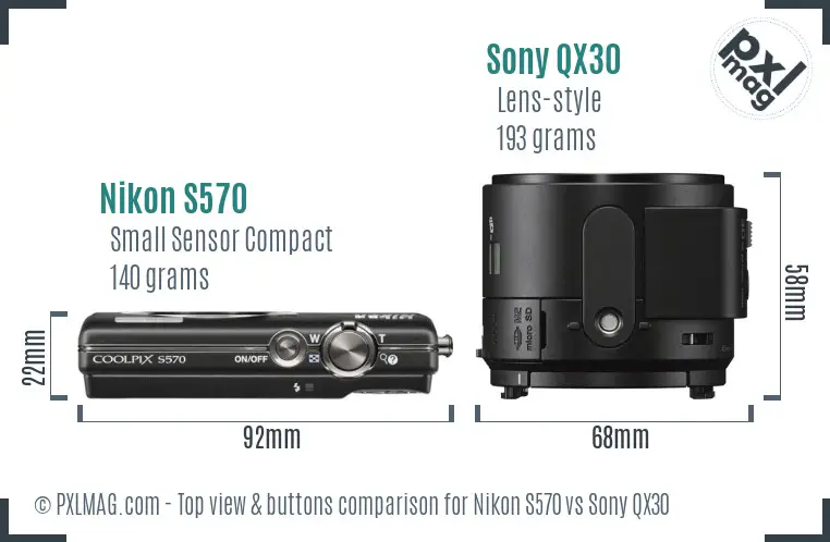 Nikon S570 vs Sony QX30 top view buttons comparison