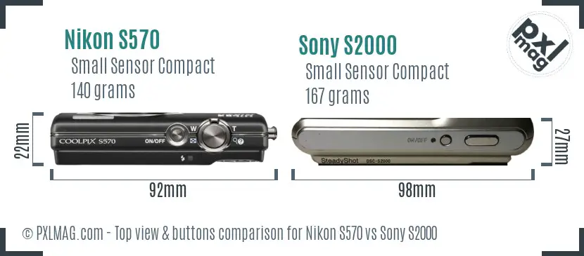 Nikon S570 vs Sony S2000 top view buttons comparison