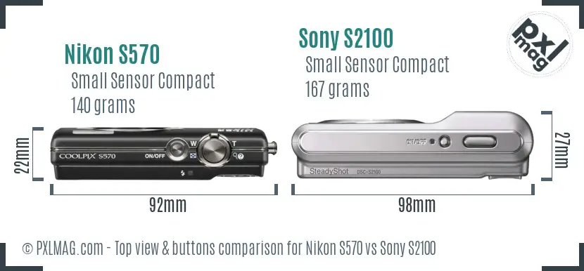 Nikon S570 vs Sony S2100 top view buttons comparison Nikon S570 vs Sony S2100 top view buttons comparison