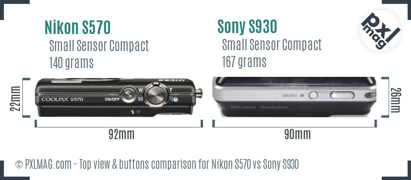 Nikon S570 vs Sony S930 top view buttons comparison