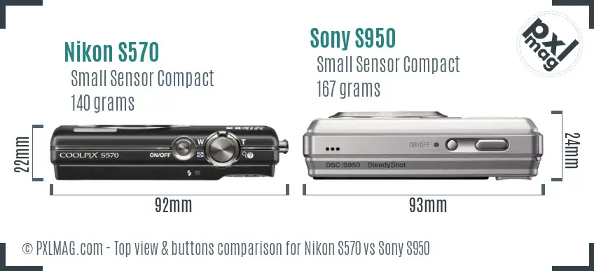 Nikon S570 vs Sony S950 top view buttons comparison