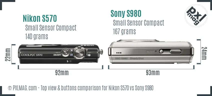 Nikon S570 vs Sony S980 top view buttons comparison