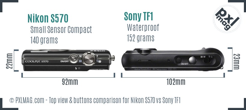 Nikon S570 vs Sony TF1 top view buttons comparison